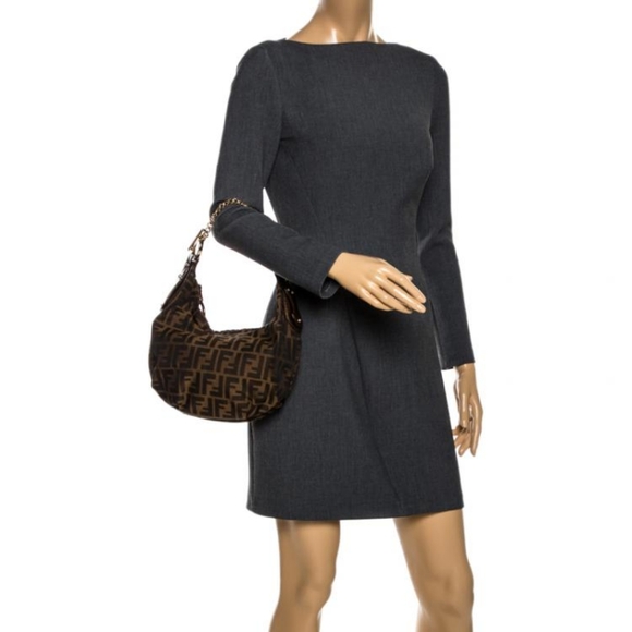 Fendi Zucca Canvas and Leather Chef Chain Link Hobo Bag Brown - Picture 6 of 16